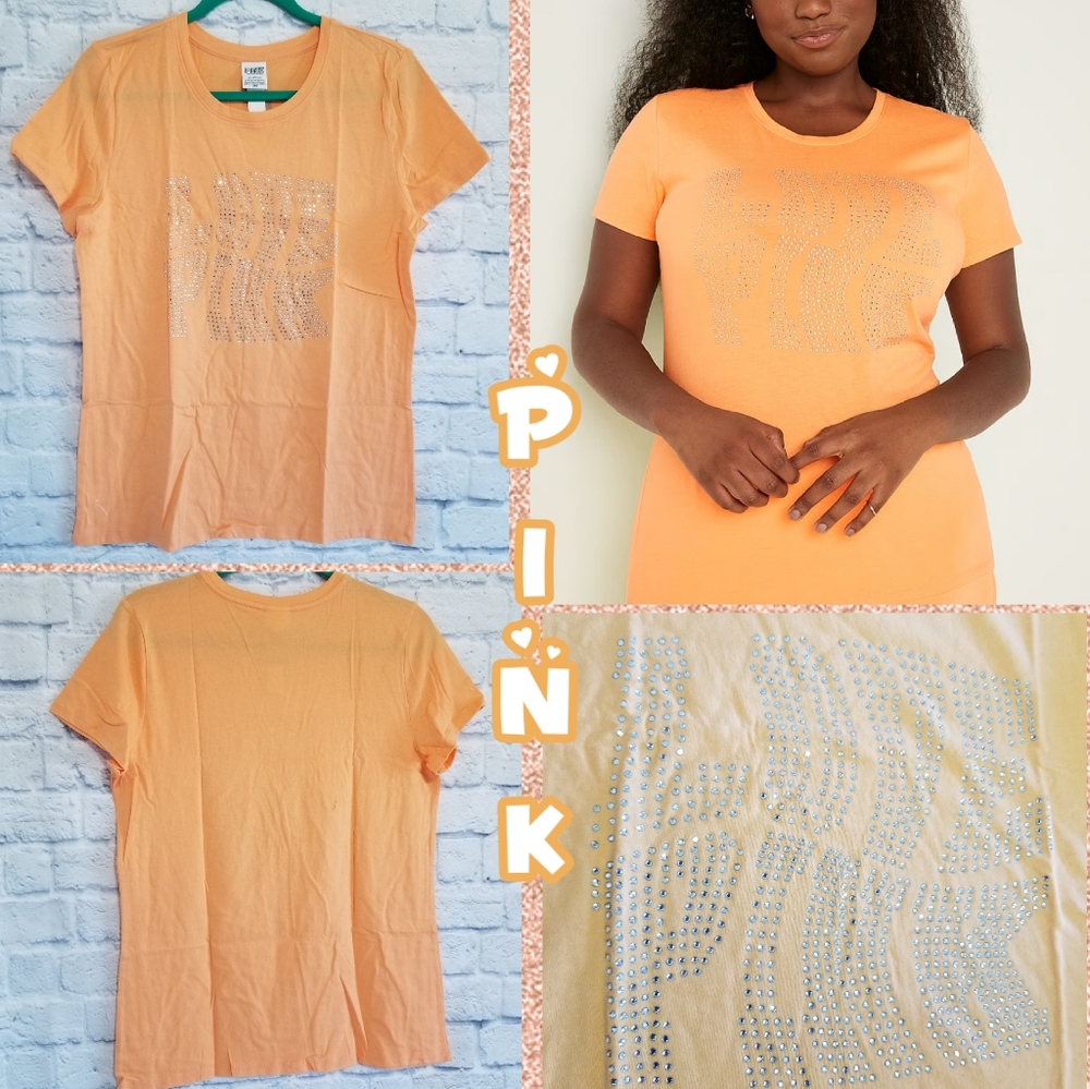 PINK Victoria's Secret Rhinestone Bling Logo Tee Shirt Top Orange New Large